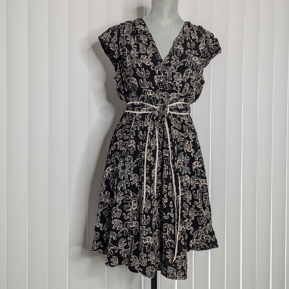 Anthropologie Maeve Black and Cream Elephant Patterned Midi Dress Size Medium - Picture 2 of 12